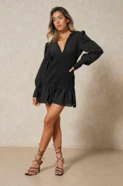 Textured Puff Sleeve Shirring Detail Dress -Dress Sales Store black textured puff sleeve shirring detail dress 3