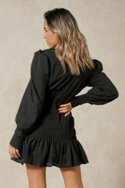 Textured Puff Sleeve Shirring Detail Dress -Dress Sales Store black textured puff sleeve shirring detail dress 5