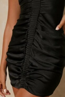 Textured Satin Ruched Mini Dress -Dress Sales Store black textured satin ruched mini dress 5