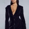 Velvet Tailored Collarless Blazer Dress -Dress Sales Store black velvet tailored collarless blazer dress