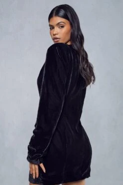 Velvet Tailored Collarless Blazer Dress -Dress Sales Store black velvet tailored collarless blazer dress 2