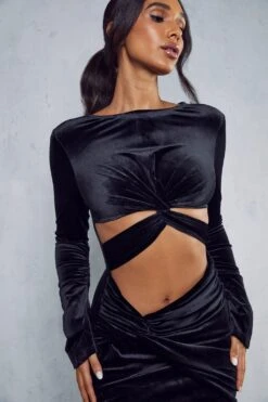 Velvet Twist Detail Mini Dress -Dress Sales Store black velvet twist detail mini dress 5