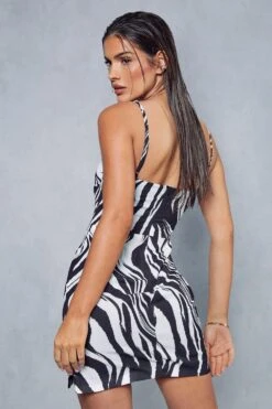 Zebra Print Underwired Curved Neck Mini Slip Dress -Dress Sales Store black zebra print underwired curved neck mini slip dress 2