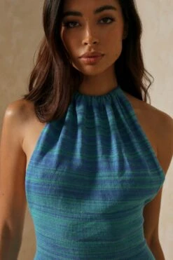 Contrast Knit Low Back Halterneck Mini Dress -Dress Sales Store blue contrast knit low back halterneck mini dress 4