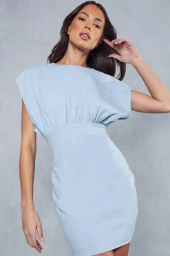 Denim Gathered Detail Mini Dress -Dress Sales Store blue denim gathered detail mini dress 4