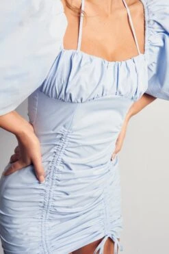 Extreme Puff Sleeve Ruched Mini Dress -Dress Sales Store blue extreme puff sleeve ruched mini dress 1