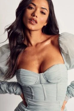 Mesh Ruched Puff Sleeve Mini Dress -Dress Sales Store blue mesh ruched puff sleeve mini dress 1