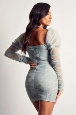 Mesh Ruched Puff Sleeve Mini Dress -Dress Sales Store blue mesh ruched puff sleeve mini dress 2