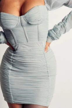 Mesh Ruched Puff Sleeve Mini Dress -Dress Sales Store blue mesh ruched puff sleeve mini dress 4