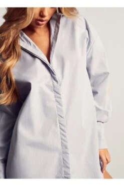 Poplin Ruched Open Back Shirt Dress -Dress Sales Store blue poplin ruched open back shirt dress 1