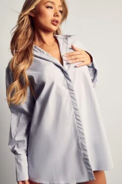 Poplin Ruched Open Back Shirt Dress -Dress Sales Store blue poplin ruched open back shirt dress 4