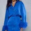 Premium Satin Flute Sleeve Feather Shirt Dress -Dress Sales Store blue premium satin flute sleeve feather shirt dress