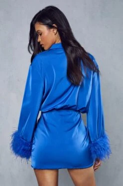 Premium Satin Flute Sleeve Feather Shirt Dress -Dress Sales Store blue premium satin flute sleeve feather shirt dress 2