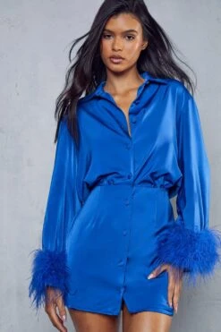 Premium Satin Flute Sleeve Feather Shirt Dress -Dress Sales Store blue premium satin flute sleeve feather shirt dress 4