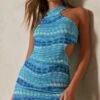 Printed Mesh High Neck Cut Out Mini Dress 2 Printed Mesh High Neck Cut Out Mini Dress -Dress Sales Store blue printed mesh high neck cut out mini dress