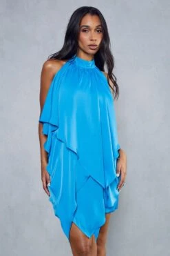 Satin Layered Diamante Chain Backless Cowl Mini Dress