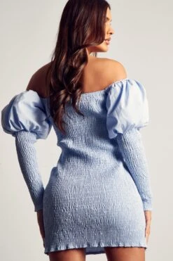 Shirred Bardot Puff Sleeve Mini Dress -Dress Sales Store blue shirred bardot puff sleeve mini dress 2