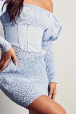 Shirred Bardot Puff Sleeve Mini Dress -Dress Sales Store blue shirred bardot puff sleeve mini dress 4