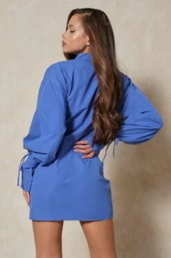 Structured Tie Cuff Shirt Dress -Dress Sales Store blue structured tie cuff shirt dress 4