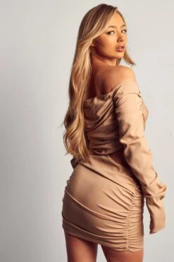 Ruched Bardot Mini Dress 9 Ruched Bardot Mini Dress -Dress Sales Store camel ruched bardot mini dress 2