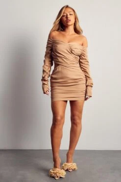 Ruched Bardot Mini Dress 10 Ruched Bardot Mini Dress -Dress Sales Store camel ruched bardot mini dress 3