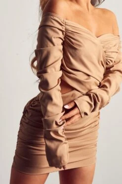 Ruched Bardot Mini Dress 11 Ruched Bardot Mini Dress -Dress Sales Store camel ruched bardot mini dress 4