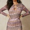 Mesh Spot Print Long Sleeve Mini Dress -Dress Sales Store chocolate mesh spot print long sleeve mini dress