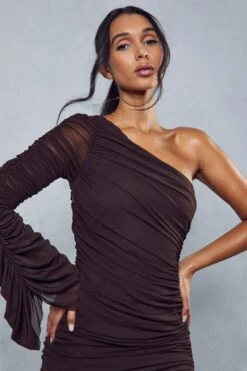 Premium Mesh Ruched One Shoulder Mini Dress -Dress Sales Store chocolate premium mesh ruched one shoulder mini dress 1