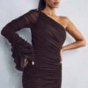 Premium Mesh Ruched One Shoulder Mini Dress 1 Premium Mesh Ruched One Shoulder Mini Dress -Dress Sales Store chocolate premium mesh ruched one shoulder mini dress
