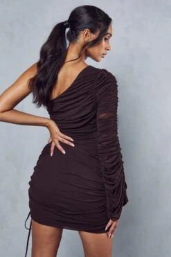 Premium Mesh Ruched One Shoulder Mini Dress -Dress Sales Store chocolate premium mesh ruched one shoulder mini dress 2