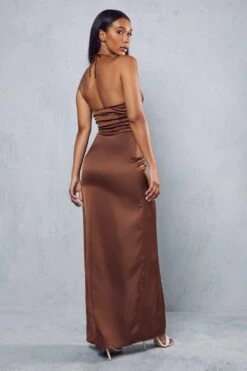 Premium Satin Halterneck Ruched Maxi Dress -Dress Sales Store chocolate premium satin halterneck ruched maxi dress 2