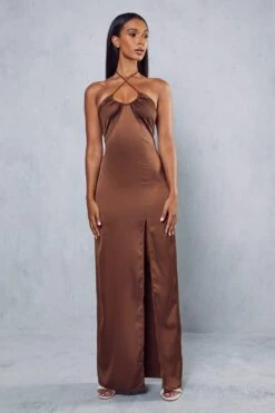 Premium Satin Halterneck Ruched Maxi Dress -Dress Sales Store chocolate premium satin halterneck ruched maxi dress 3
