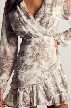 Printed Chiffon Ruched Wrap Mini Dress -Dress Sales Store chocolate printed chiffon ruched wrap mini dress 4