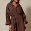 Soft Cord Balloon Sleeve Belted Shirt Dress