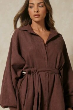 Soft Cord Balloon Sleeve Belted Shirt Dress -Dress Sales Store chocolate soft cord balloon sleeve belted shirt dress 2