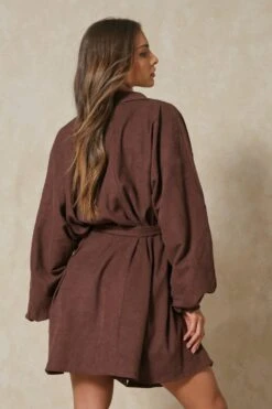 Soft Cord Balloon Sleeve Belted Shirt Dress -Dress Sales Store chocolate soft cord balloon sleeve belted shirt dress 3