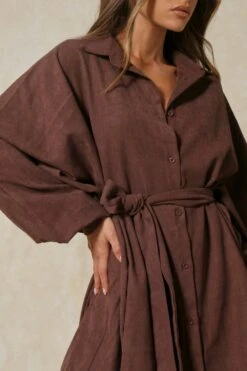 Soft Cord Balloon Sleeve Belted Shirt Dress -Dress Sales Store chocolate soft cord balloon sleeve belted shirt dress 4