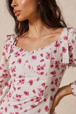 Floral Frill Detail Square Neck Dress -Dress Sales Store cream floral frill detail square neck dress 1