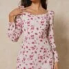 Floral Frill Detail Square Neck Dress -Dress Sales Store cream floral frill detail square neck dress