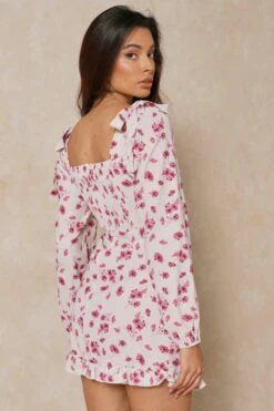 Floral Frill Detail Square Neck Dress -Dress Sales Store cream floral frill detail square neck dress 2