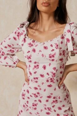 Floral Frill Detail Square Neck Dress -Dress Sales Store cream floral frill detail square neck dress 4