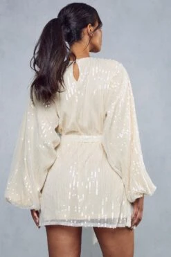 Sequin Shoulder Pad Mini Dress -Dress Sales Store cream sequin shoulder pad mini dress 3