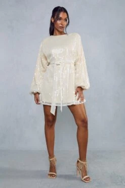 Sequin Shoulder Pad Mini Dress -Dress Sales Store cream sequin shoulder pad mini dress 4