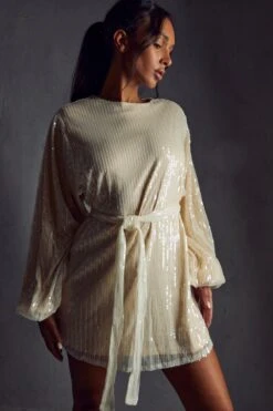 Sequin Shoulder Pad Mini Dress -Dress Sales Store cream sequin shoulder pad mini dress 5