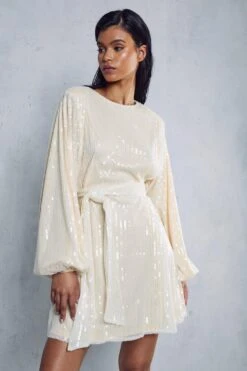 Sequin Shoulder Pad Mini Dress -Dress Sales Store cream sequin shoulder pad mini dress 6