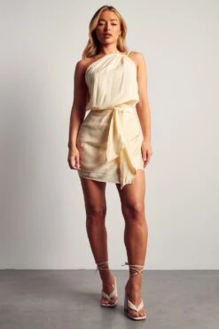 Textured Linen Look Drape Detail Dress -Dress Sales Store cream textured linen look drape detail dress 3