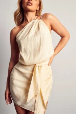 Textured Linen Look Drape Detail Dress -Dress Sales Store cream textured linen look drape detail dress 4