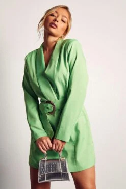 Asymmetric Gold Buckle Belted Blazer Dress