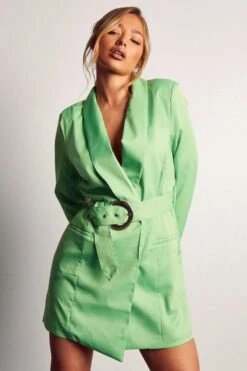 Asymmetric Gold Buckle Belted Blazer Dress -Dress Sales Store green asymmetric gold buckle belted blazer dress 4