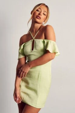 Frill Sleeve Cross Strap Mini Dress -Dress Sales Store green frill sleeve cross strap mini dress 3